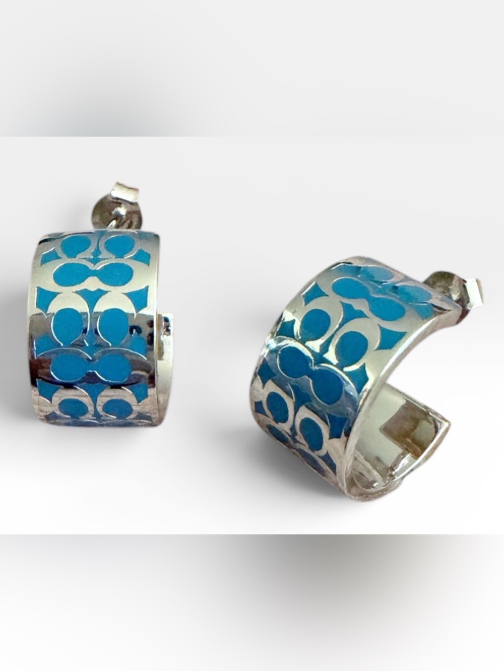 NWT Coach Blue Patterned Hoop Earrings - Picture 3 of 9